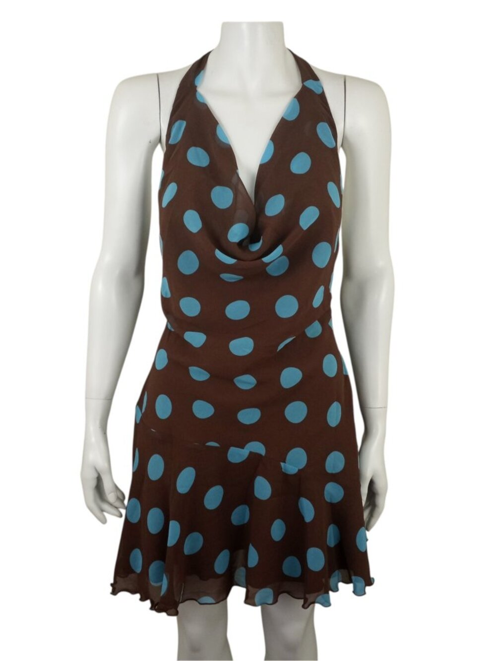NWT Princess Polly Karolie Halter Plunge Mini Dress sz 6 Brown Blue Polka Dot